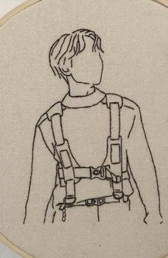 a drawing of a man with suspenders and a backpack on it's back