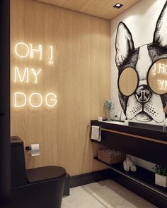 a bathroom with a dog on the wall