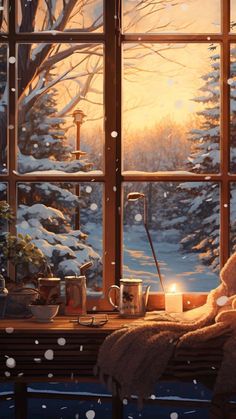 a teddy bear sitting on a window sill in front of a snowy forest outside