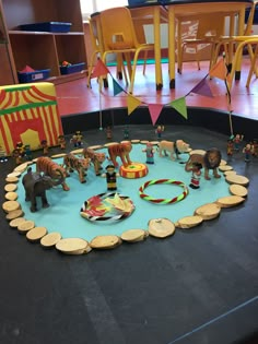 toys are arranged in the middle of a play area