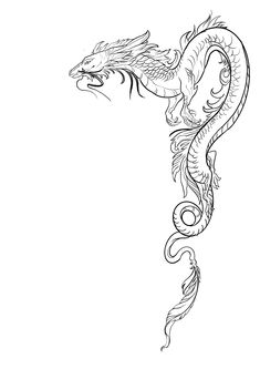 a black and white drawing of a dragon with its tail curled in the shape of a snake