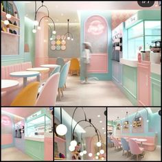 the interior of a restaurant with pastel colors