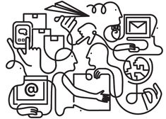 a black and white line drawing of people with electronic devices