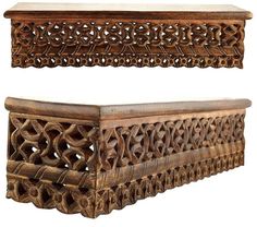 two wooden shelfs with carved designs on the top and bottom, one is made out of wood