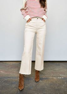 Cream Mid-rise Jeans For Fall, Cream Cropped Leg Fall Jeans, White Bottoms For Workwear With Standard Cut Leg, Cream Cropped Leg Jeans For Fall, White Standard Cut Leg Bottoms For Work, Standard Cut Leg White Bottoms For Work, Fitted Cream Jeans For Fall, Fall Cream Cropped Leg Jeans, Cream Cropped Leg Workwear Bottoms