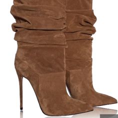 Identitta Brand - Beautiful, Never Worn, Brand New Identitta Tan Suede Slouch Boot - In Original Box - Size 39 - Made In Italy - Imported From Italy Brown Suede Party Boots, Brown Suede Boots For Party, Party Suede Brown Boots, Brown Suede Evening Boots, Luxury Brown Suede Heels, Fitted Suede-lined Closed Toe Heels, Brown Heels With Wrapped Heel, Brown Heels With Wrapped Heel And Fitted Design, Fitted Brown Heels With Wrapped Heel