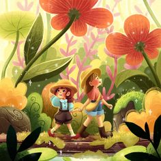 two children are walking through the jungle with flowers and plants in the background, one is carrying a backpack