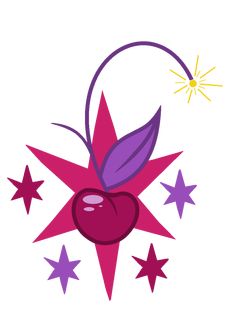 an illustration of a cherry with stars around it and a starburst in the background