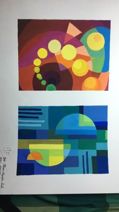 two paintings with different colors and shapes on them