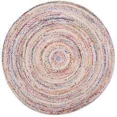 a round rug with multicolored circles on the center and bottom in various colors