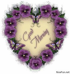 a heart shaped frame with purple flowers and the words good morning