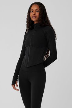 Waist-snatching corset body? Cute curved cut in front? Slim, smoothing fit? Check, check, and check. This jacket does more than flatter the figure, though: It has functional performance features, too, like a full front zipper, thumbholes and hip pockets. Plus, it’s made from Airbrush—an Alo signature fabric that feels like wearing a cottony-soft hug. Black Workout Outfit, Alo Yoga Outfit, Fitness Wear Women, Flowy Mini Dress, Century Clothing, Black Activewear, Fashion Deals, Fit Check, Alo Yoga