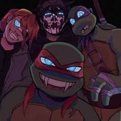 teenage mutant ninjas are posing for a photo together with their heads turned to look like they have blue eyes