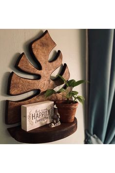 a potted plant sitting on top of a wooden shelf