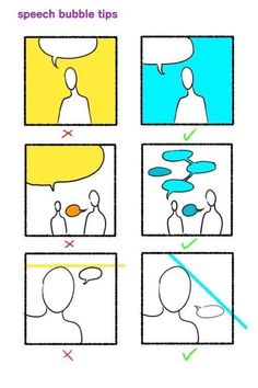 the instructions for how to use speech bubbles in an animation style, with pictures and text below