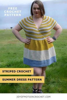 a woman wearing a striped crochet summer dress with text overlay that reads, free crochet pattern