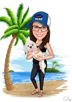 a woman holding a white dog on top of a beach next to a palm tree