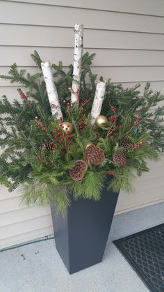 a planter filled with pine cones and evergreens on the side of a house