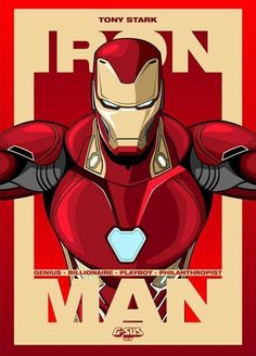 an iron man poster with the words iron man on it's chest and arms stretched out