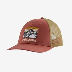 the patagonia trucker hat is shown in red and tan with mountains on it