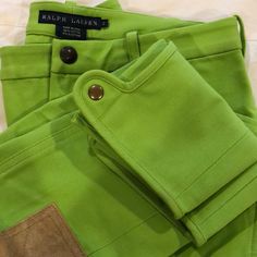 Bright Green Jodhpurs With Suede At The Knee, Snap Ankle Closure, Hook Front Waist With Rl Logo Stirrup Detail. Plain Back 14.5” Waist, 36” Length. Super Cute And Fun Color. Rl Logo, Blue Label, Fun Color, Stirrups, Ralph Lauren Blue, Jodhpur, Bright Green, The Knee, Pant Jumpsuit