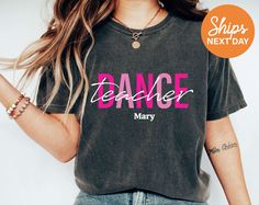 Elevate your dance class style with our custom 'Dance Teacher' shirt, designed for passionate instructors, choreographers, and those dedicated to nurturing talent, inspiring creativity, and fostering a love for dance in their students. For a smooth and hassle-free transaction, please read the entire listing, FAQs, policies, and shop announcement. Thank you!💛 MATERIAL This shirt is made of premium quality cotton/polyester blend for a great quality soft feel, and comfortable retail fit. BRAND: Co Dance Teacher Tshirt, Dance Teacher Shirts Design, Dance Teacher Shirt, Fitted Hip Hop T-shirt For Dance, Black Short Sleeve Top For Dance Class, Casual Dance Shirt With Graphic Print, Casual Graphic Print Shirt For Dance, Casual Crew Neck Shirt For Dance, Casual Short Sleeve Shirt For Dance