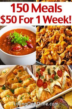 the ultimate meal guide for one week with over 150 meals on it and text overlay that reads,'15 meals $ 50 for 1 week