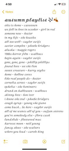 an iphone screen with the words autumn playlist written in yellow and white on it