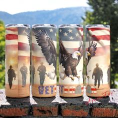 Stay Hydrated and proud to be a Veteran with our premium 20oz stainless steel tumbler, adorned with an original veteran-created sublimation art that pays homage to the brave men and women who have served our country. Each tumbler features a seamless sublimation design, showcasing a majestic Bald Eagle soaring against a patriotic backdrop of the US flag. Flanking the eagle are two silhouette soldiers on each side traversing a desert terrain, symbolizing the courage and sacrifice of our military p Patriotic Art, Dog Tags Military, Veteran Owned Business, Support Our Troops, Gifts For Veterans, Patriotic Gifts, Trending Gifts, Heartfelt Gifts, Stainless Steel Tumbler