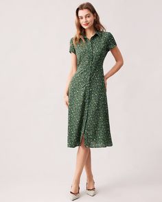 Tailored Clothes, Short Sleeve Midi Dress, Floral Pattern Design, Business Casual Dresses, French Countryside, Midi Dress Casual, Midi Short Sleeve Dress, Sleeved Dress, Button Up Dress