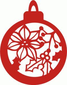 a red ornament with holly berries and leaves on it's side, in the shape of a christmas ball