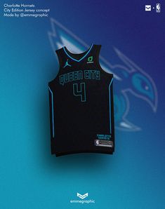 a basketball jersey is hanging on the wall in front of a blue background that says queen city