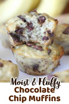 chocolate chip muffins stacked on top of each other with bananas in the background