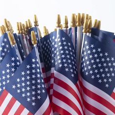 several american flags are lined up in a row with gold pins on each one side