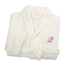 Find luxury in this initial embroidered fleece robe. This short robe makes for a perfect gift for anyone who loves a personalized touch in their self care routine. Your first or last initial will be skillfully embroidered on the left in pink thread and bridal script font. This soft and fluffy robe features a belt tie to adjust the size and two large front pockets. Terry Cloth Bathrobe, Personalization Mall, Personalized Robe, Fleece Robe, Pink Thread, One Piece Clothing, Belt Tie, Collections Etc, One Piece Pajamas