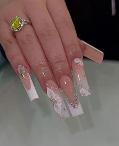 Quinceanera Nails, Ombre Acrylic Nails, Nails Design With Rhinestones, White Acrylic Nails, French Tip Acrylic Nails, French Acrylic Nails, Long Acrylic Nails Coffin, Long Square Acrylic Nails