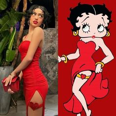 a woman in a red dress and an image of a cartoon character