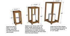 three different sizes of wood stands with measurements for each one, including the top and bottom