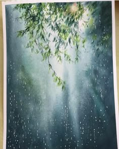 a painting of trees in the rain with green leaves hanging from it's branches