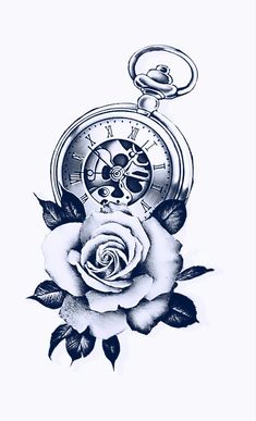 a drawing of a rose with a pocket watch on it