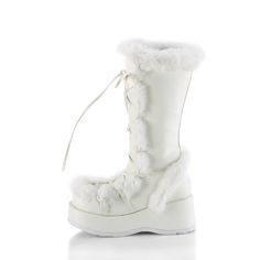 2 3/4" Platform Lace-Up Mid-Calf Boot, Side Zipper - Fit Guide: True to Size - Heel Height: 2 3/4" Platform - Brand: Demonia - Shown in Women's Sizes - Country of Origin: Imported Demonia Collection, White Platform Boots, Winter Angel, Raspberry Tart, Open Toed Shoes, Colorado Outfits, Demonia Shoes, Leather Knee Boots, Fur Boots