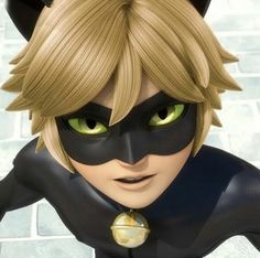 an animated character with green eyes and black cat ears