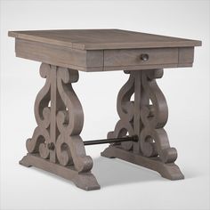 a small wooden table with an ornate design on the top and one drawer at the bottom