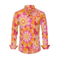 Transport yourself to the vibrant and free-spirited era of the 70s with our Vintage 70s Style Shirt, a Retro Shirt designed for the modern man who appreciates the groovy vibes of the past. This Hippie Shirt for Men features a bold and expressive pink and orange floral pattern, capturing the carefree and eclectic style of the 70s. Perfectly suited as a Men's Dress Shirt, this 70s Inspired Shirt adds a touch of retro charm to your wardrobe.Whether you're attending a special event or simply infusin 70’s Shirts, 70s Shirts Men, Multicolor Retro Print Long Sleeve Shirt, Retro Multicolor Button-up Shirt, Retro Shirt Design, 70s Mode, 1970s Long Sleeve Cotton Shirt, Vintage Shirt Dress, Groovy Vibes