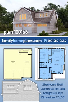 two story house plan with 3 bedroom and 2 bathroom in the front, three car garage on