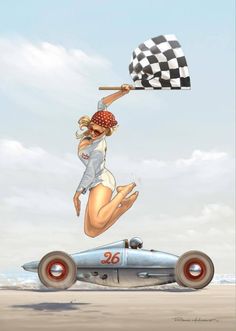 a woman flying through the air while riding on top of a race car in front of a checkered flag