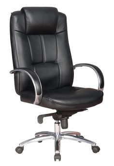 an office chair with chrome legs and black leather upholstered seat