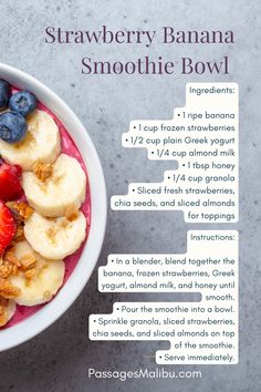 a bowl filled with fruit and granola on top of a table