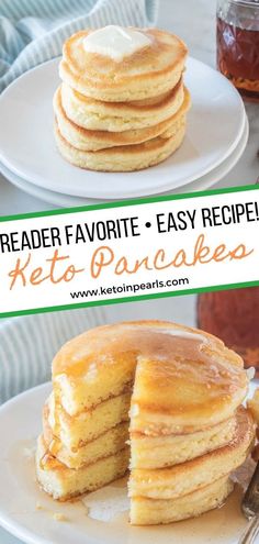 a stack of pancakes sitting on top of a white plate with the words reader favorite - easy recipe keto pancakes