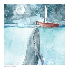 a painting of a whale and a boat in the ocean with a full moon behind it